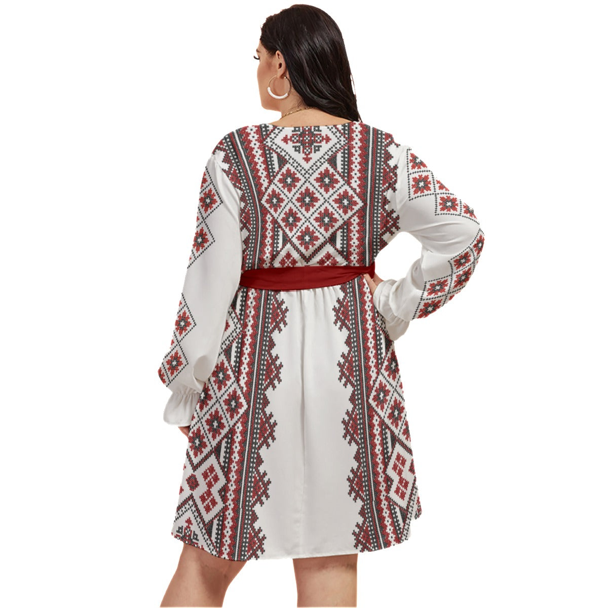 Red Romanian Traditional Women's V-neck Dress With Waistband(Plus Size)