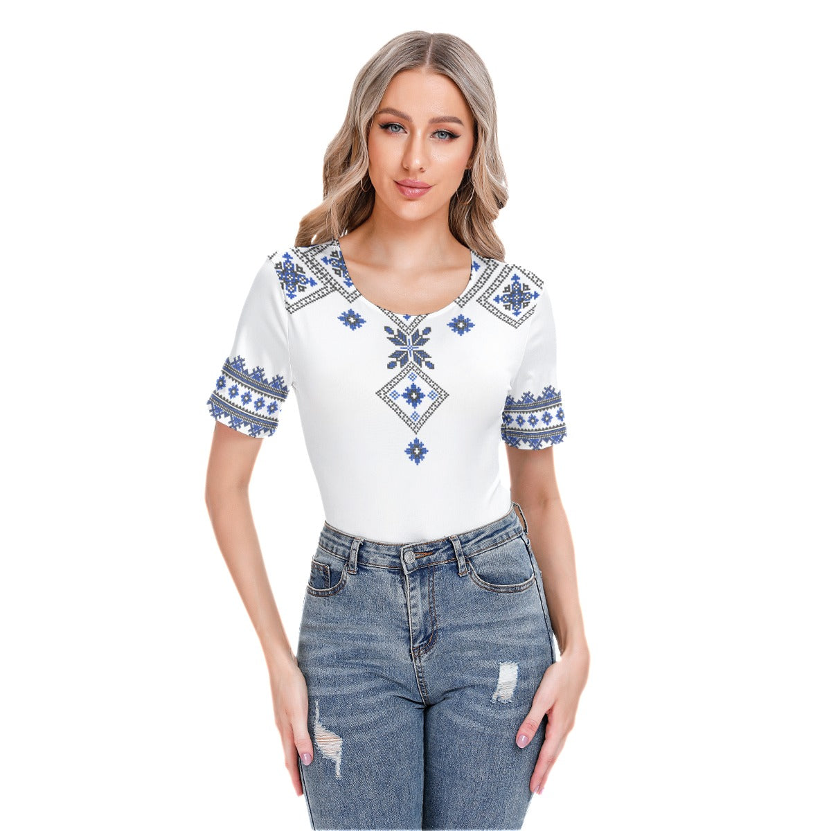 Blue Romanian Traditional Women's Short Sleeve Bodysuit