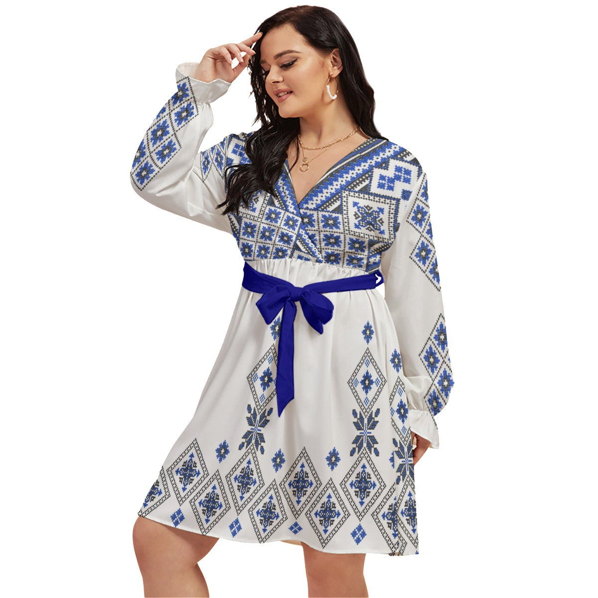 Blue Traditional Romanian Women's V-neck Dress With Waistband(Plus Size)